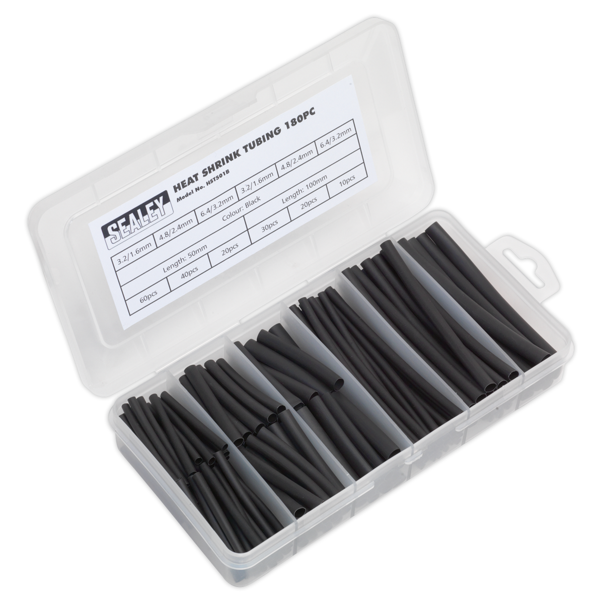 Sealey 180pc 50 & 100mm Heat Shrink Tubing Assortment - Black HST501B