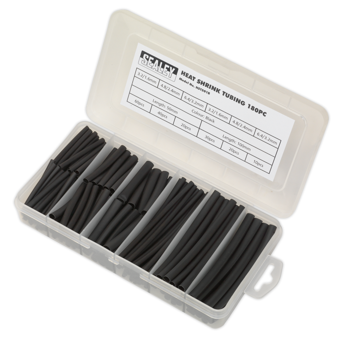 Sealey 180pc 50 & 100mm Heat Shrink Tubing Assortment - Black HST501B