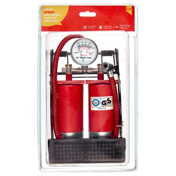 Amtech Double cylinder foot pump with gauge I9400
