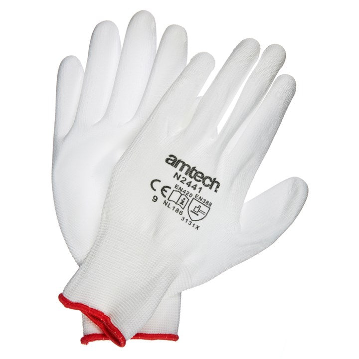 Amtech Large (Size 9) Light duty polyurethane-coated work gloves - white N2441