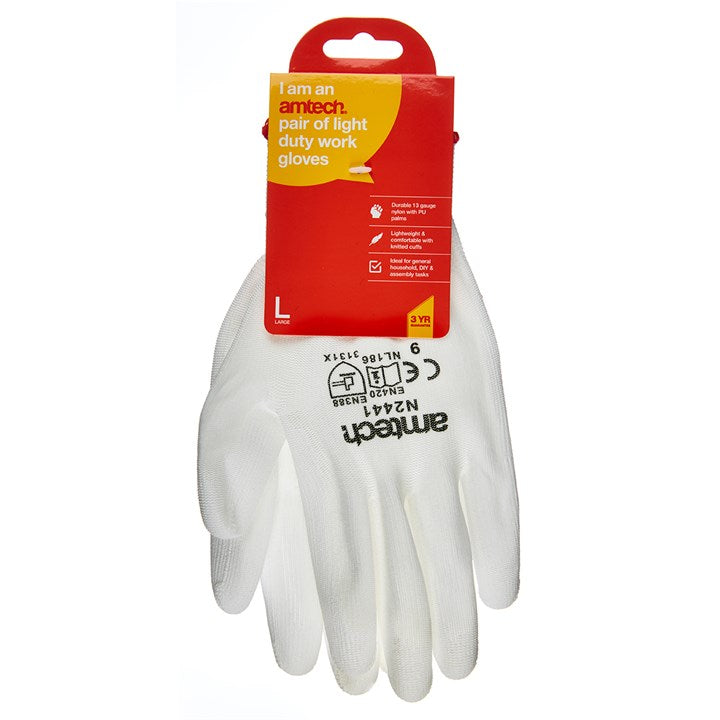 Amtech Large (Size 9) Light duty polyurethane-coated work gloves - white N2441