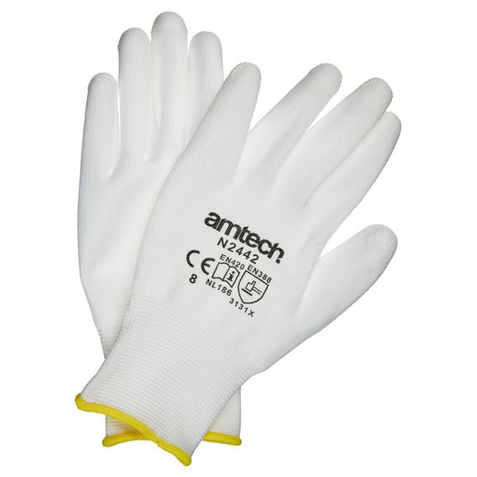 Amtech Medium (Size 8) Light duty polyurethane-coated work gloves - white N2442