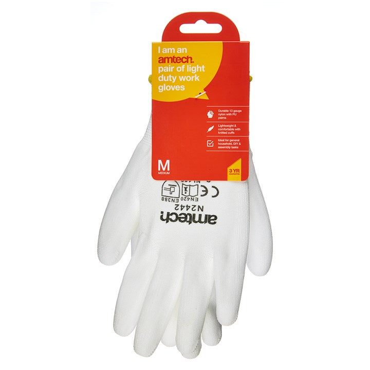 Amtech Medium (Size 8) Light duty polyurethane-coated work gloves - white N2442