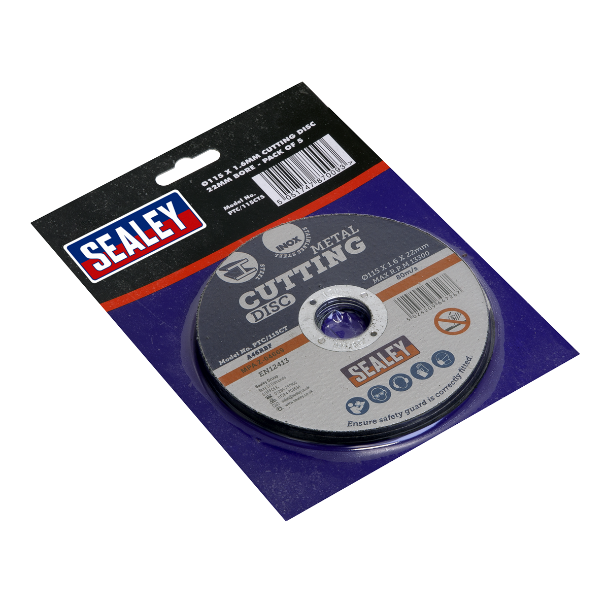 Sealey Ø115 x 1.6mm Cutting Disc 22mm Bore - Pack of 5 PTC/115CT5