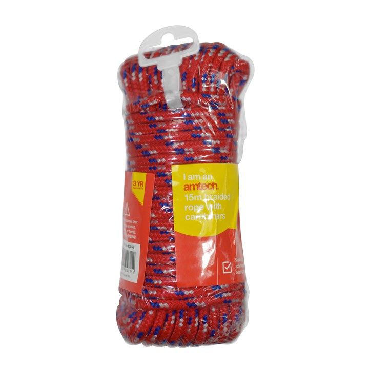 Amtech 15m x 6mm braided rope with carabiners S3245