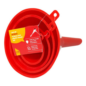 Amtech This handy 4 piece mini plastic funnel set is made from durable, easy to clean Polypropylene. The set is suitable for a wide range of garden, DIY and automotive uses, including topping up battery deionised water or brake fluid. S4205
