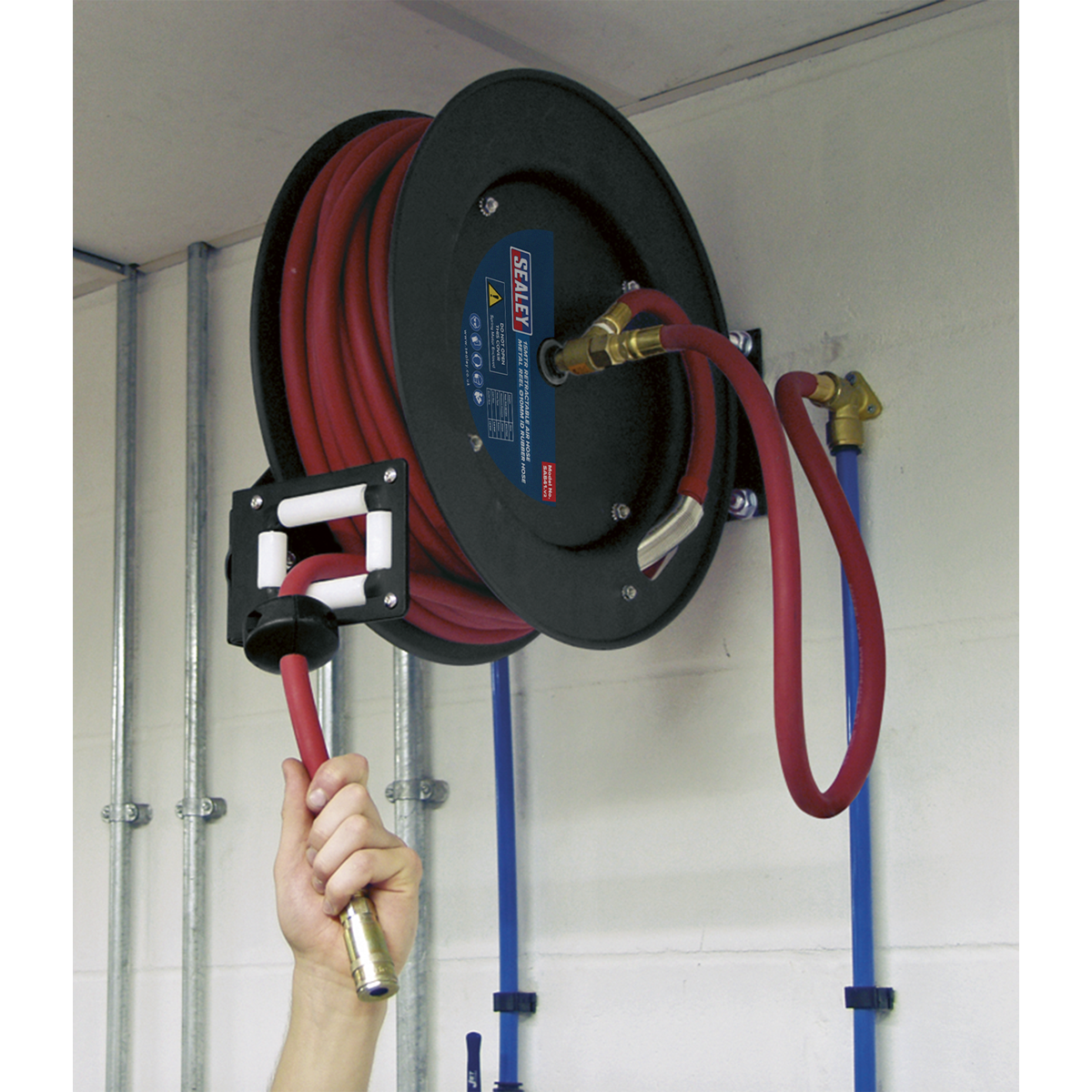 Sealey 15m Retractable Air Hose Metal Reel Ø10mm ID Rubber Hose SA841