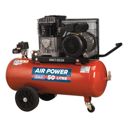 Sealey 50L Belt Drive Air Compressor 3hp with Cast Cylinders & Wheels SAC1503B