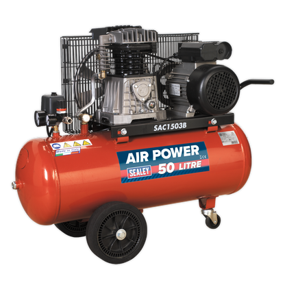 Sealey 50L Belt Drive Air Compressor 3hp with Cast Cylinders & Wheels SAC1503B