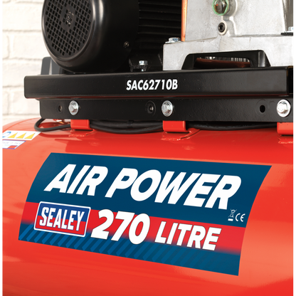 Sealey 270L Belt Drive Air Compressor 10hp 3ph 2-Stage with Cast Cylinders SAC62710B