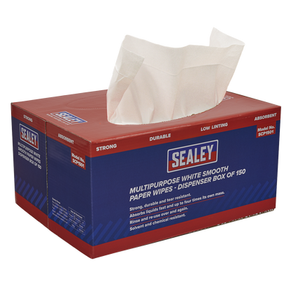 Sealey 73gsm Multipurpose Paper Wipes in Dispenser Box - Smooth White - 150 Sheets SCP1501