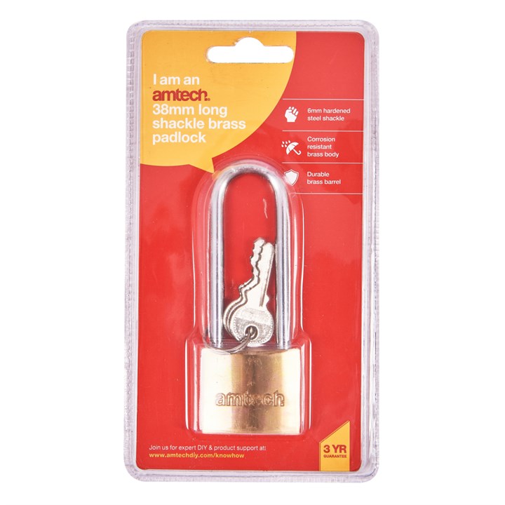Amtech 38mm Long shackle brass padlock T1500C