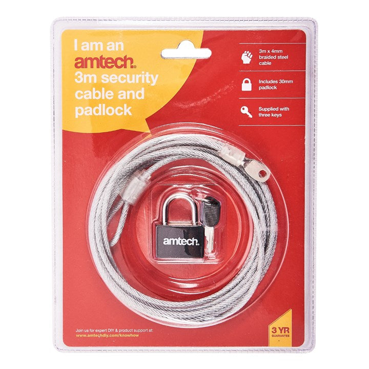 Amtech 300cm (120") x 4mm security cable with padlock T1695
