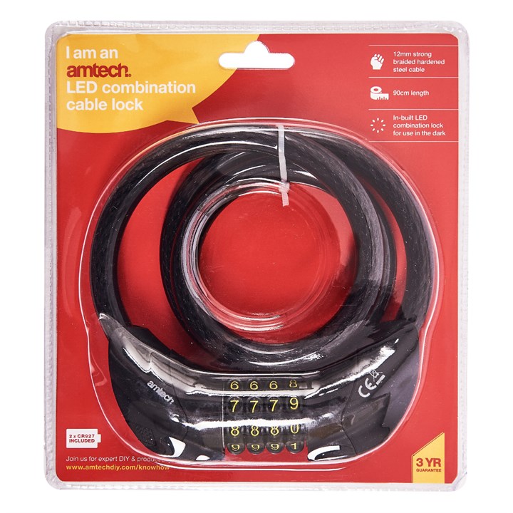Amtech 900mm (35") x 12mm security cable with built-in LED combination lock T1835