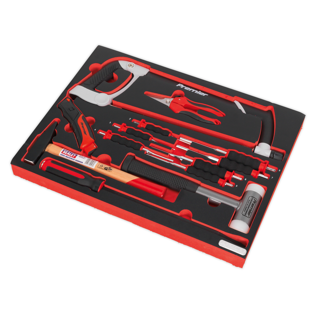Sealey 13pc Hacksaw, Hammers & Punch Kit with Tool Tray TBTP06EU