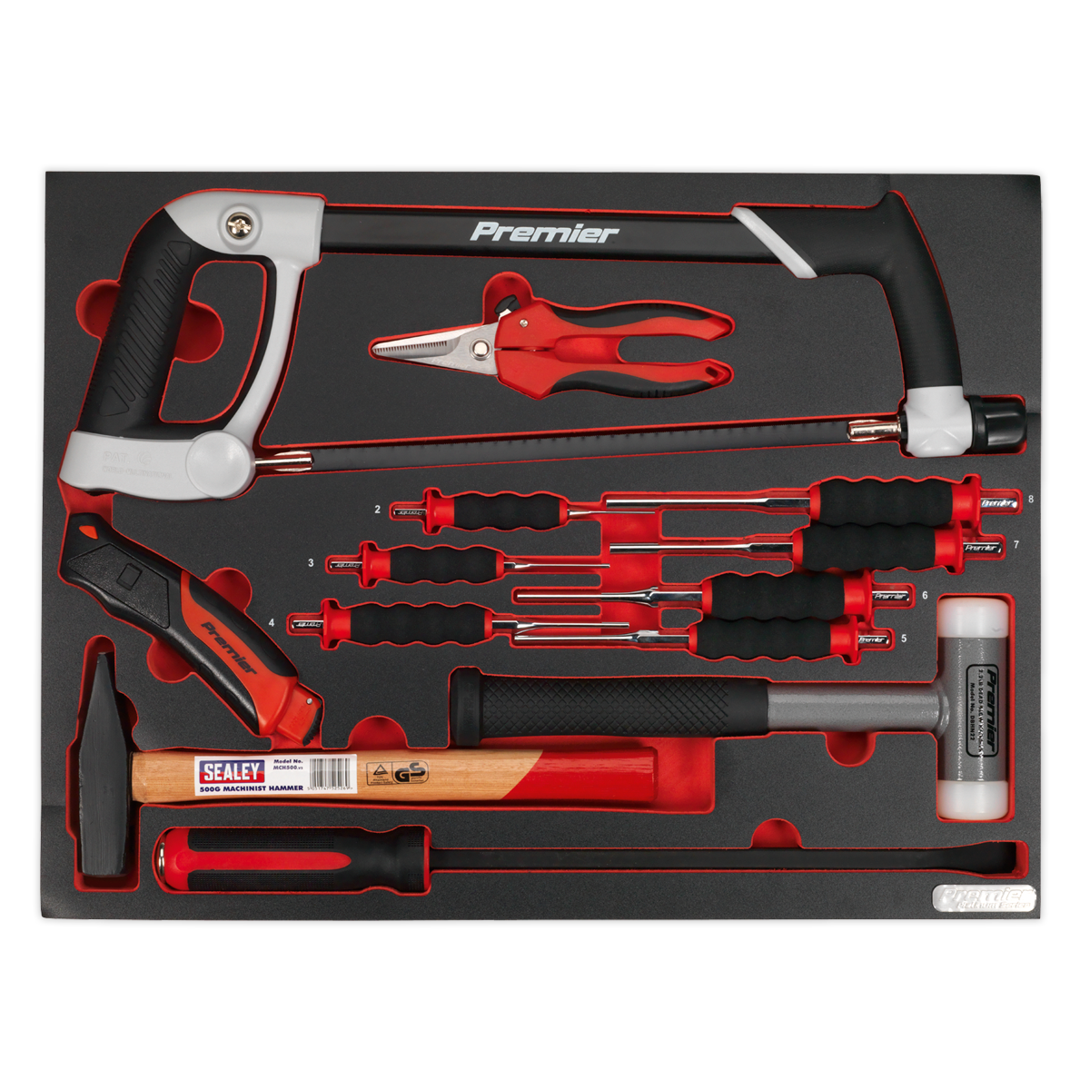 Sealey 13pc Hacksaw, Hammers & Punch Kit with Tool Tray TBTP06EU
