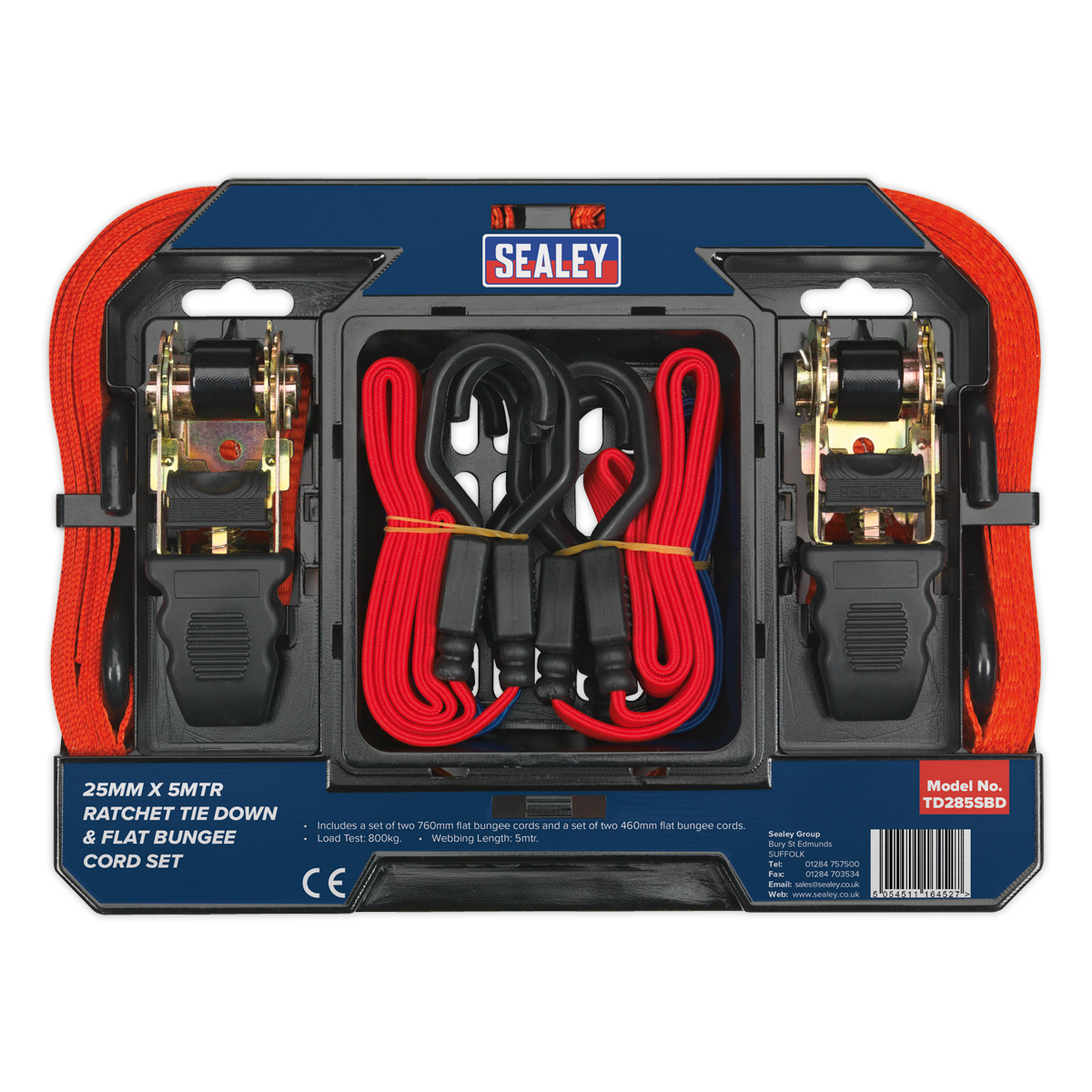 Sealey 6pc Ratchet Tie Down & Flat Bungee Cord Set TD285SBD