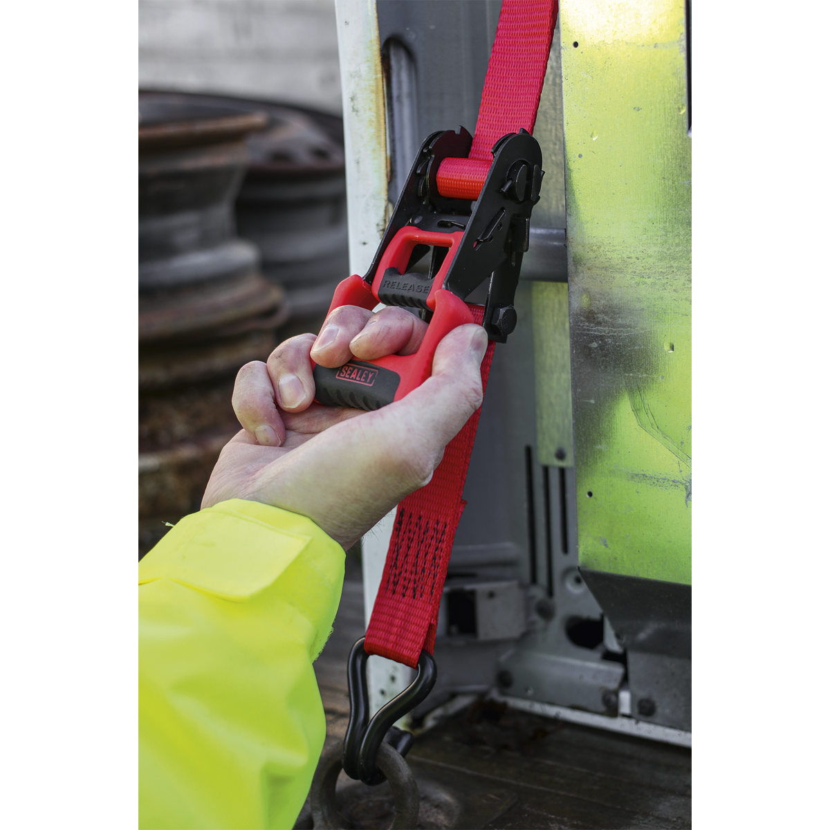 Sealey 32mm x 4.9m Polyester Webbing Ratchet Tie Down with J-Hooks 1200kg Breaking Strength - 1 Pair TD41248JD
