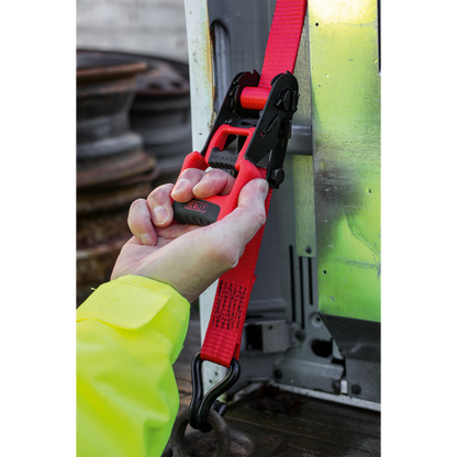 Sealey 32mm x 4.9m Polyester Webbing Ratchet Tie Down with J-Hooks 1200kg Breaking Strength - 1 Pair TD41248JD