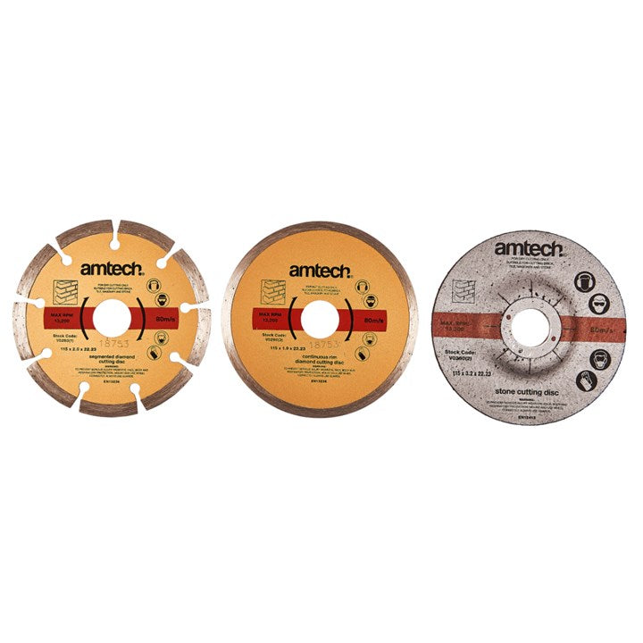 Amtech 3 Piece 115mm (4.5") diamond and cut off blade set V0260