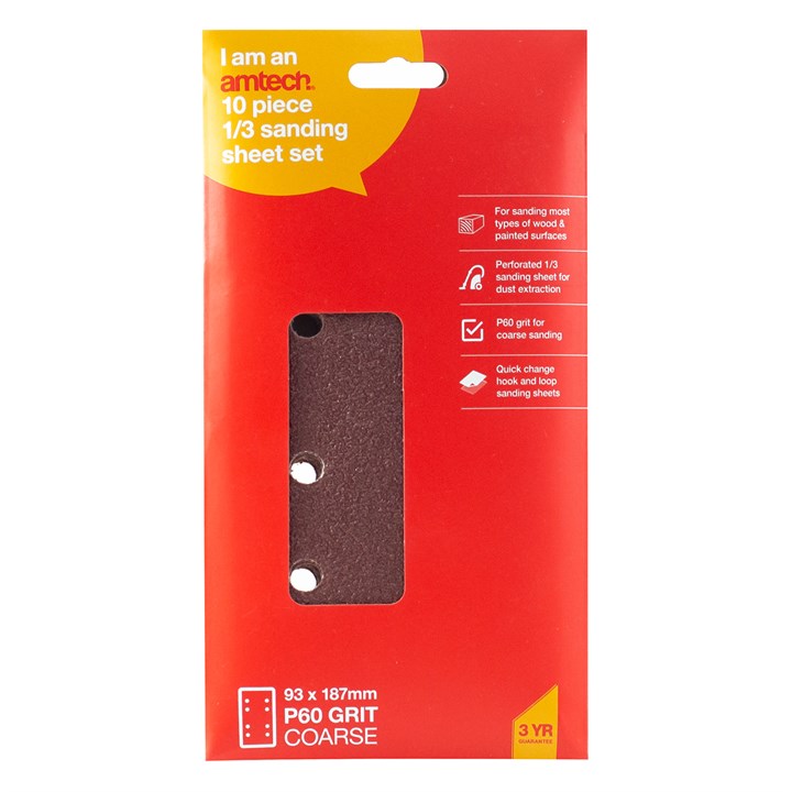 Amtech Pack of 10 P60 grit hook and loop sanding sheets V4002
