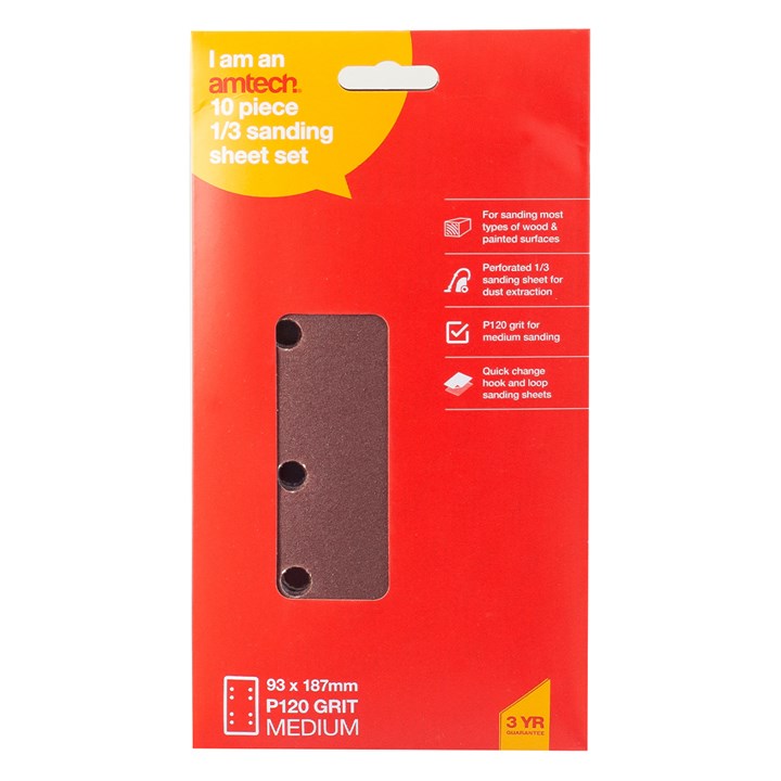 Amtech Pack of 10 P120 grit hook and loop sanding sheets V4012