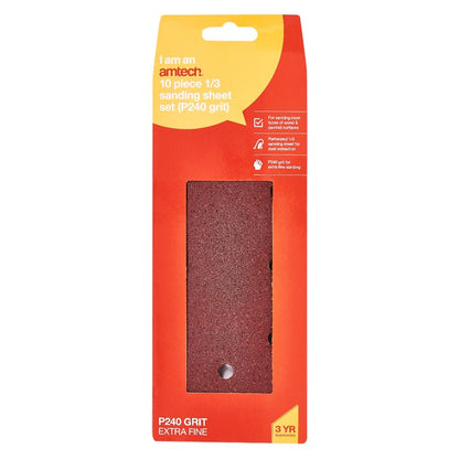 Amtech 10 x 1/3 P240 grit sanding sheets (93mm x 230mm) V4015