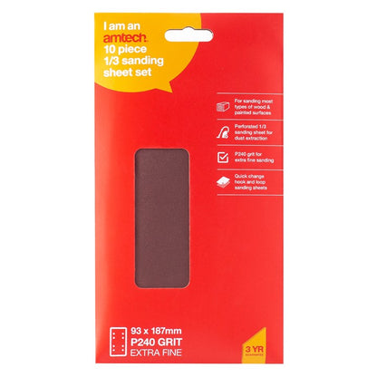 Amtech Pack of 10 P240 grit hook and loop sanding sheets V4017