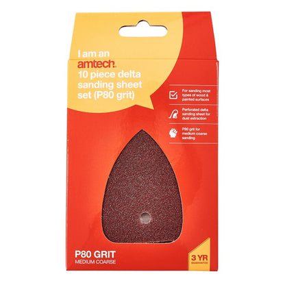 Amtech 10 x P80 grit delta sanding sheets (150mm x 150mm x 100mm) V4025