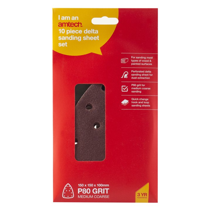 Amtech Pack of 10 P80 grit hook and loop delta sanding sheets V4027
