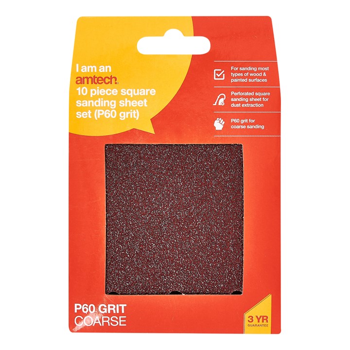 Amtech 10 x P60 grit square sanding sheets (110mm x 100mm) V4040