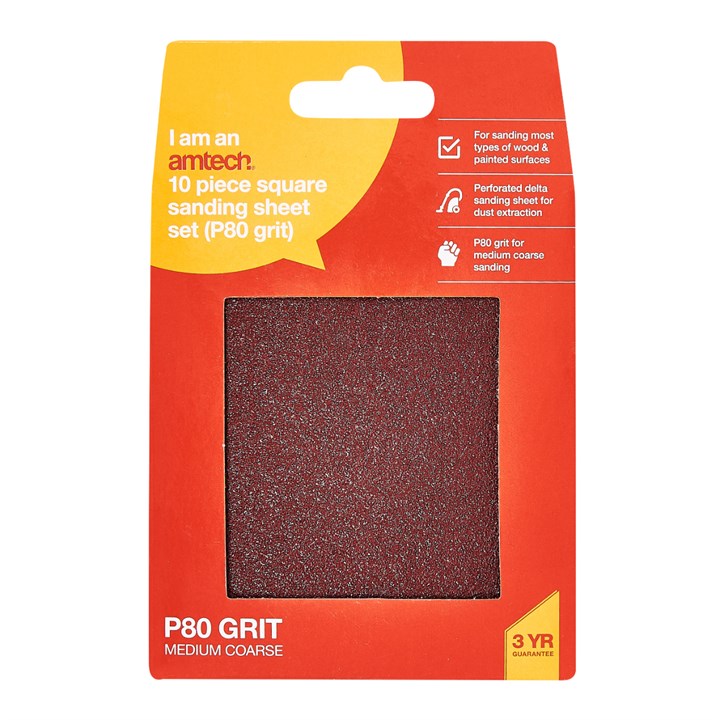 Amtech 10 x P80 grit square sanding sheets (110mm x 100mm) V4045