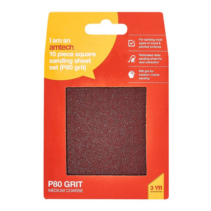 Amtech 10 x P80 grit square sanding sheets (110mm x 100mm) V4045