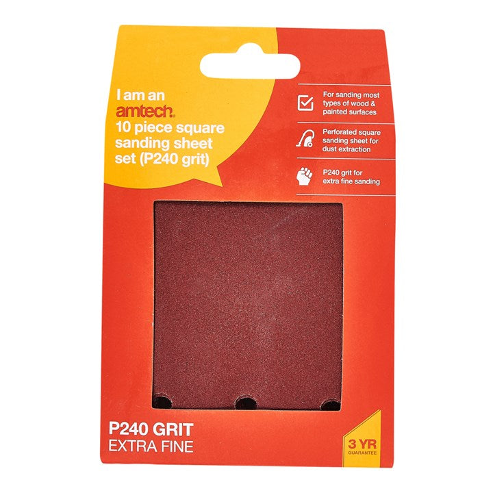 Amtech 10 x P240 grit square sanding sheets (110mm x 100mm) V4055