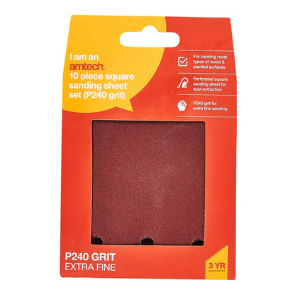 Amtech 10 x P240 grit square sanding sheets (110mm x 100mm) V4055