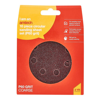 Amtech 10 x P60 grit circular sanding sheets (115mm diameter) V4060