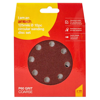 Amtech 10 x P60 grit circular sanding sheets (125mm diameter) V4080