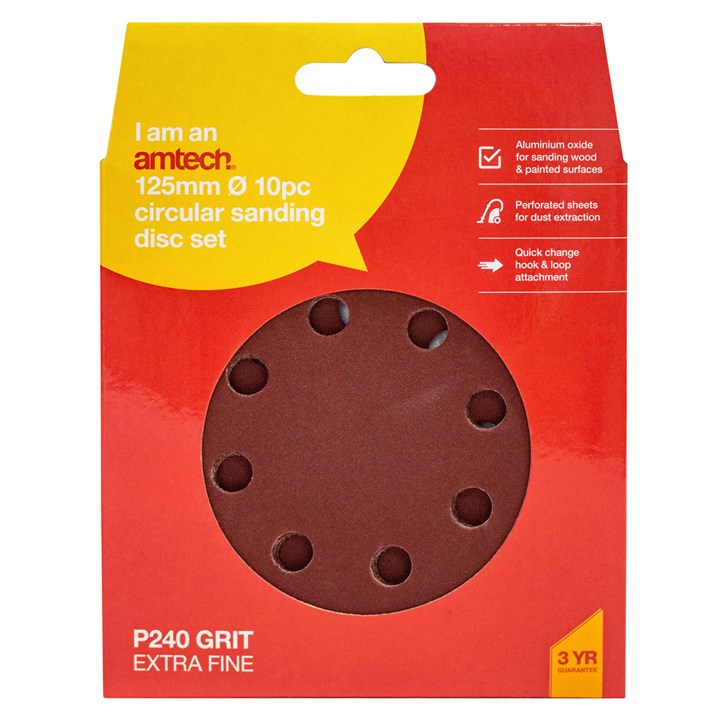 Amtech 10 x P240 grit circular sanding sheets (125mm diameter) V4095