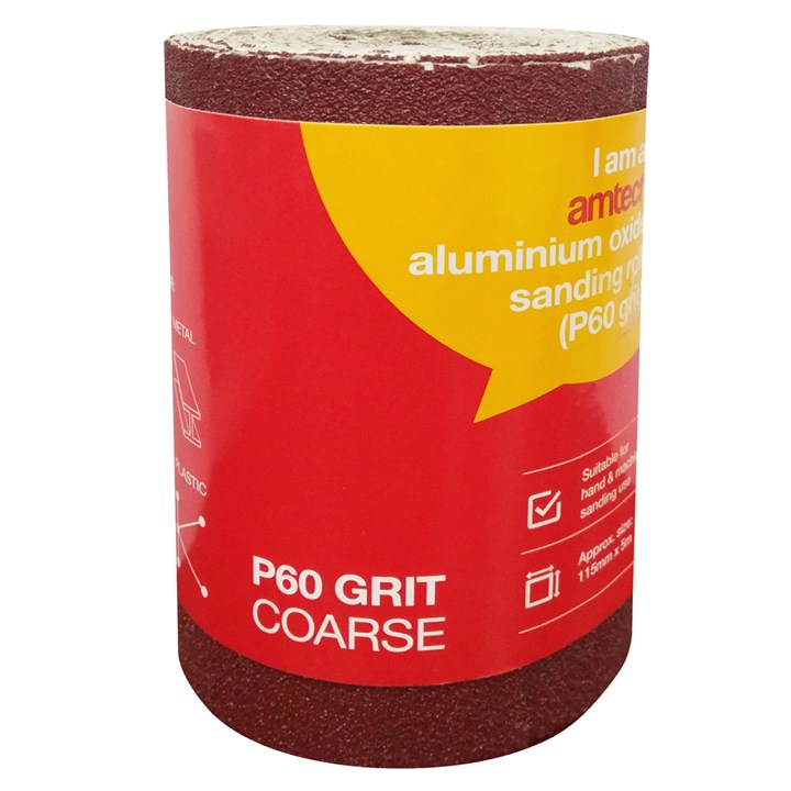 Amtech P60 grit (coarse) aluminium oxide sanding roll (115mm x 500cm) V4105