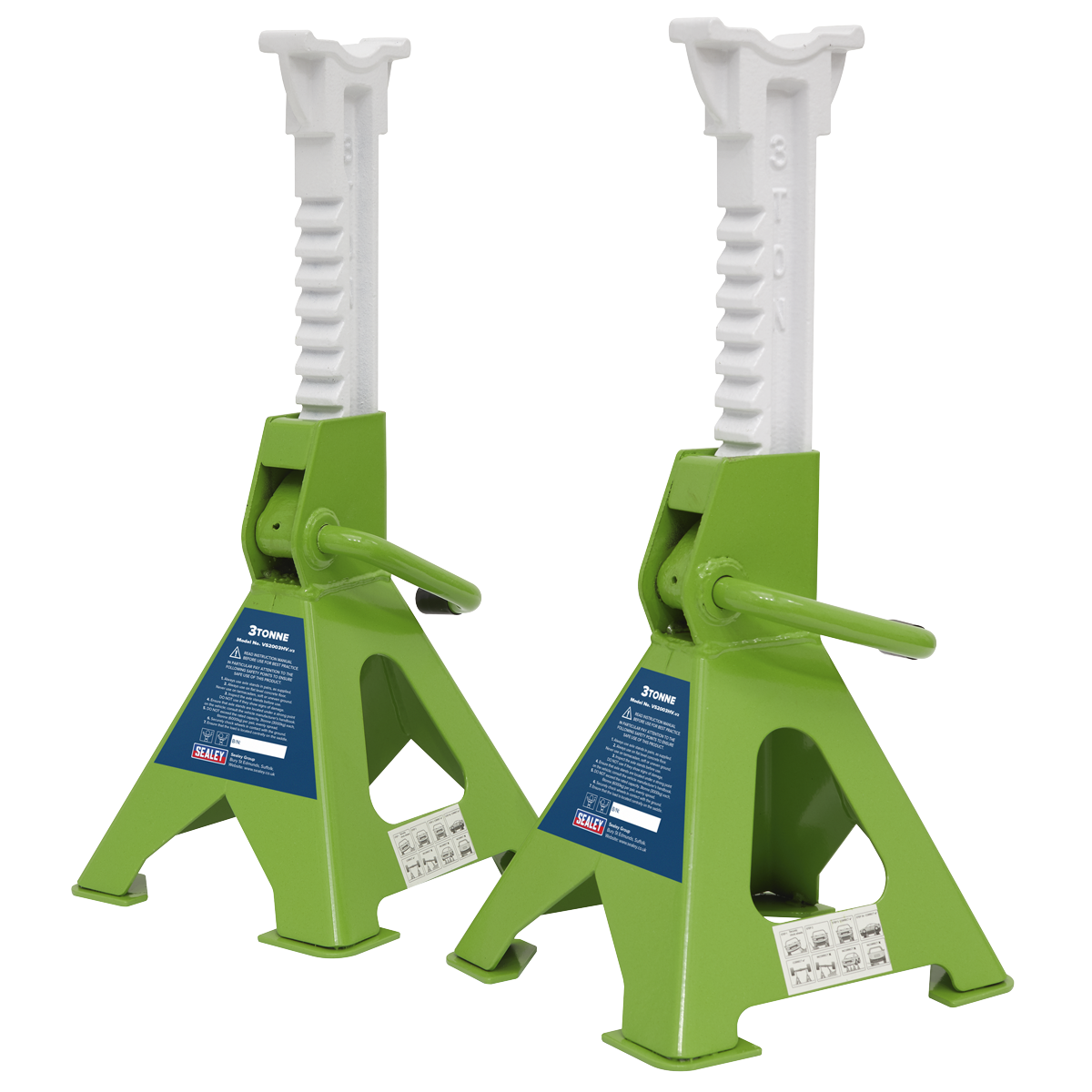 Sealey Ratchet Type Axle Stands (Pair) 3tonne Capacity per Stand - Hi-Vis Green VS2003HV