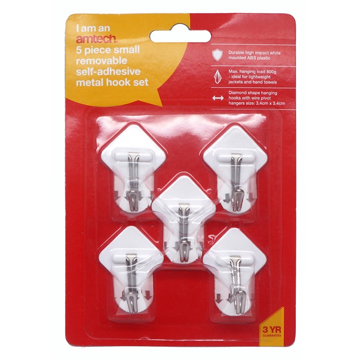 Amtech 5 Piece small, removable self-adhesive metal hook set (3.4cm x 3.4cm) W8305