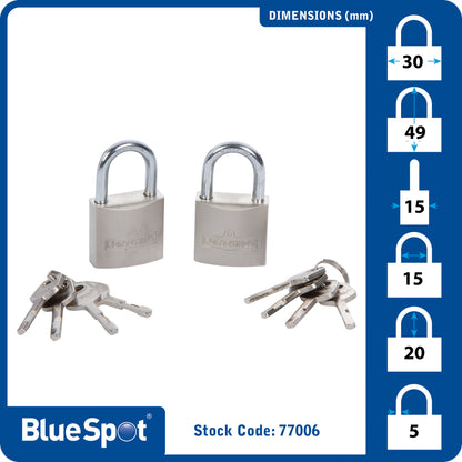 BlueSpot 2 PCE 30mm Satin Finish Keyed Alike Padlocks 77006