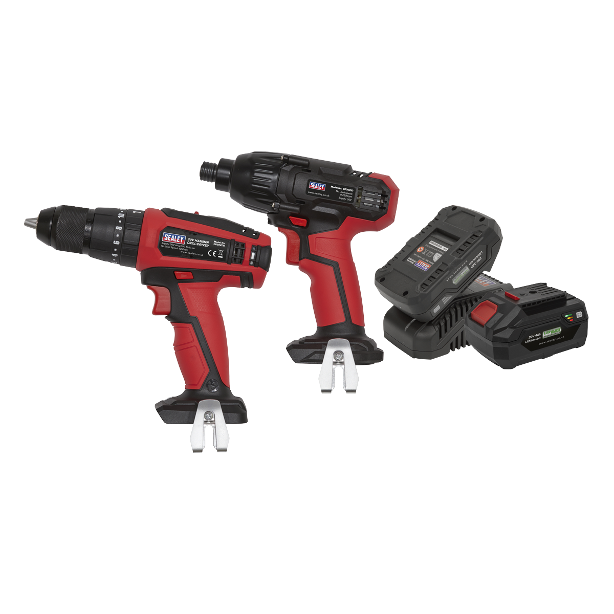 Sealey 20V Cordless Ø13mm Hammer Drill/1/4"Hex Drive Impact Driver Combo Kit CP20VDDCOMBO