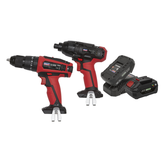 Sealey 20V Cordless Ø13mm Hammer Drill/1/4"Hex Drive Impact Driver Combo Kit CP20VDDCOMBO