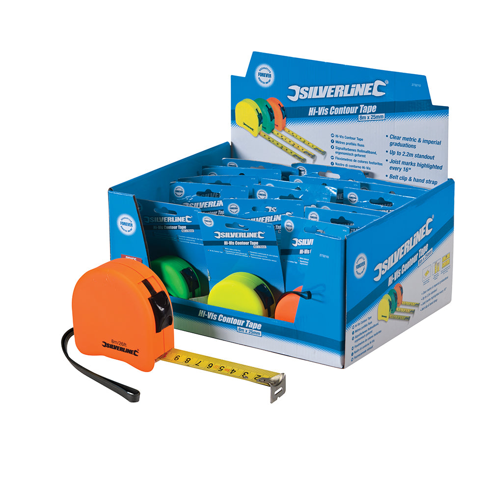 Silverline Hi-Vis Contour Tape Display Box 18pce 8m / 26ft x 25mm