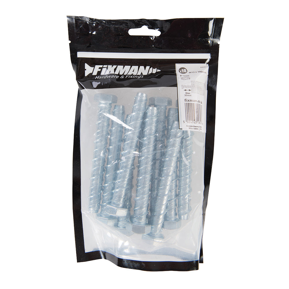 Fixman Concrete Masonry Bolts 10pk M12 x 100mm