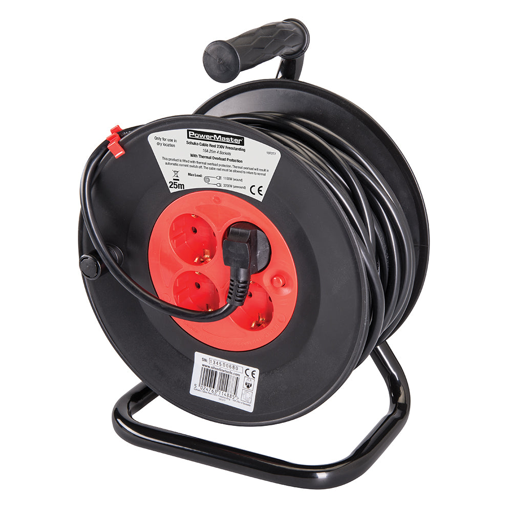 Powermaster European Type F Schuko Cable Reel 230V 16A 25m 4 CEE 7/4 Sockets