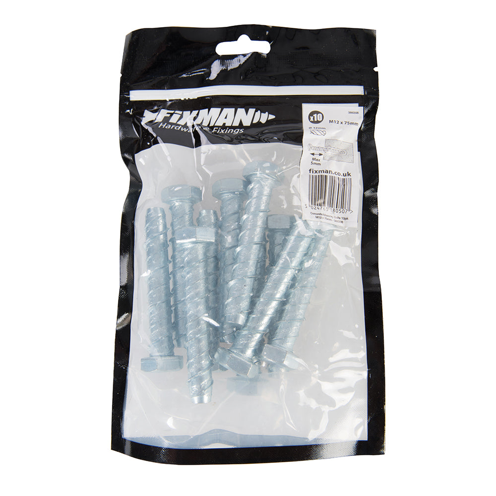 Fixman Concrete Masonry Bolts 10pk M12 x 75mm