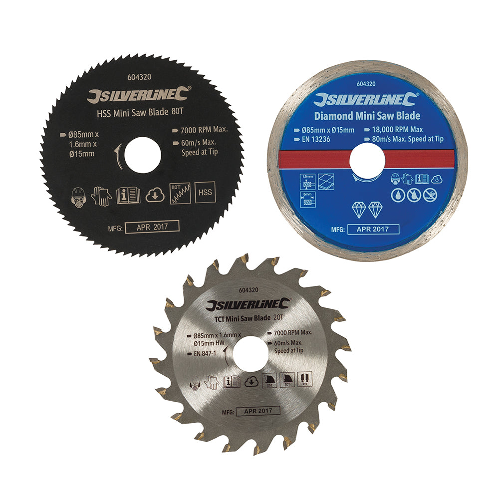 Silverline Mini Saw Blade Set 3pce 85mm Dia - 15mm Bore