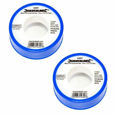 Silverline 2X White PTFE TAPE Threaded Seal Fitting Water Plumbing Tape 12mmx12m